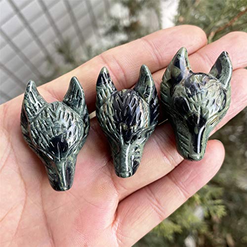 Handcarved Wolf Head Animal Statue Figurine, Pocket Healing Crystal Sculpture Ear Drilled 1.5", Kambaba Jasper Green Kambaba Jasper