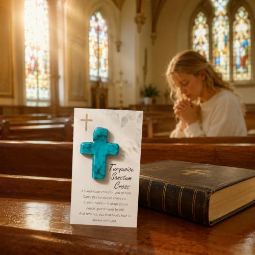 Holding Cross Christian Gifts, Turquoise Prayer Stone with Encouragement Card, Pocket Hug for Comfort & Faith, Religious Gift for Baptism, Confirmation, Communion, Easter