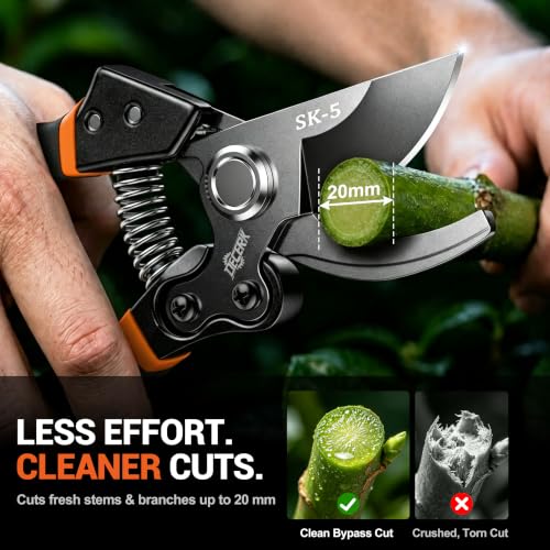 DECERK bypass pruning shears with orange cushioned foam grips for arthritic hands