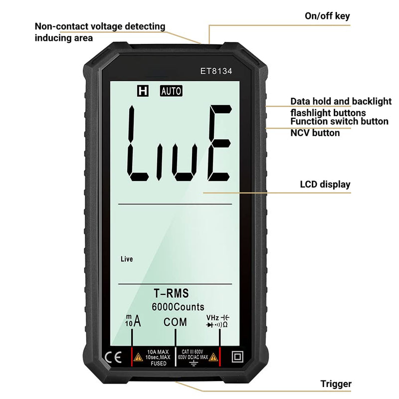 [Australia - AusPower] - ET8134 Digital Multimeter Multi Function Voltage Current Meter LCD Display Automatic Multimeter with Alarm Function 10A 600V 
