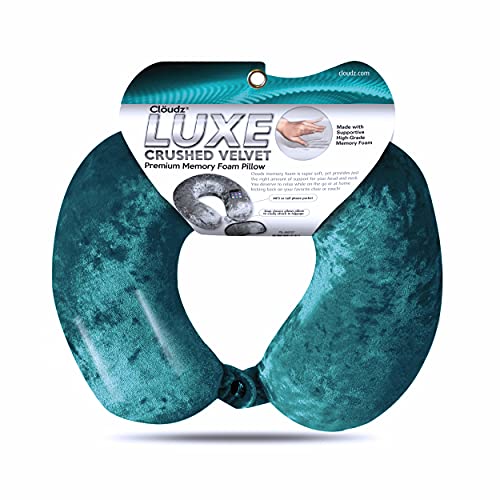 Cloudz Luxe Crushed Velvet Ultra Premium Comforlite Memory Foam Airplane Travel Neck Pillow with Matching Luxuriously Soft Black Out Sleep Mask - Teal