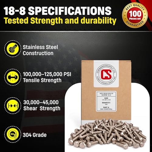 Chenango Supply 1/4-20 x 3/4 Stainless Steel Hex Head Bolts – 304 Stainless, USS Coarse Thread, 100,000–125,000 PSI Tensile Strength, Corrosion-Resistant Hardware Bolts, (100 Pieces, 1/4-20 x .75) 1/4" X 3/4"