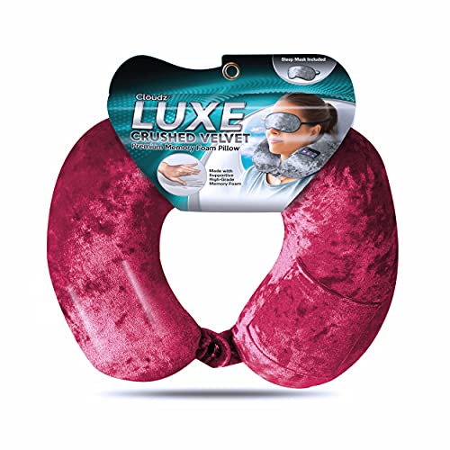 Cloudz Luxe Crushed Velvet Ultra Premium Comforlite Memory Foam Airplane Travel Neck Pillow with Matching Luxuriously Soft Black Out Sleep Mask - Deep Red