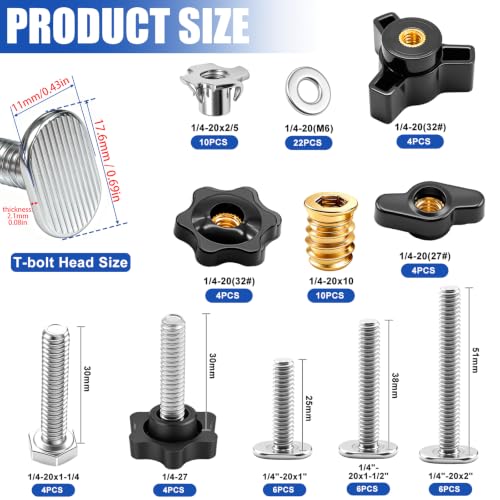 Taiss 80-piece 1/4-20 T-track knob and bolt kit for woodworking jigs and fixtures