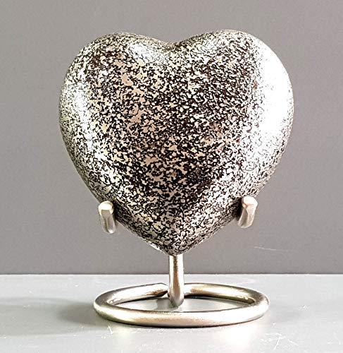 eSplanade Brass Mini Cremation Urn Heart-Shaped Keepsake Memorial Jar Pot Container | Small Urn for Funeral Ashes Burial | Textured Metal Keepsake with Stand | Silver - 2.75" Inches