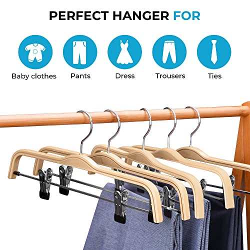 JS Hanger Wooden Pant Hangers, 5-Pack Light Weight Wood Skirt Hangers with Anti-Rust Hook and 2-Adjustable Clips 5 Pack