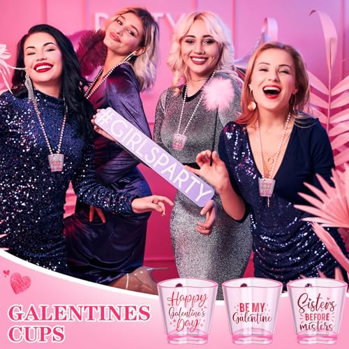 FoldTier 24 Set Galentine's Day Shot Glass on Beaded Necklace Pink Heart Shaped Shot Glasses Cute Plastic Galentines Gang Cups Necklaces Set for Bachelorette Valentines Wedding Party Favors