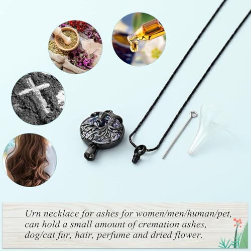 Tree of Life Urn Necklace, Cat Cremation Jewelry for Women Men black&purple