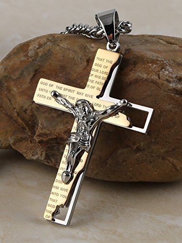 HZMAN Men's Stainless Steel Cross Crucifix Bible Prayer Pendant Necklace Jewelry Gift 22+2" Chain Gold