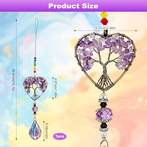 Tree of Life Natural Chakra Healing Crystal Window Decor, Amethyst Sun Catchers for Windows, Gemstone Pendant Rainbow Maker Hanging Crystal Spiritual Gifts for Women, Window Decor