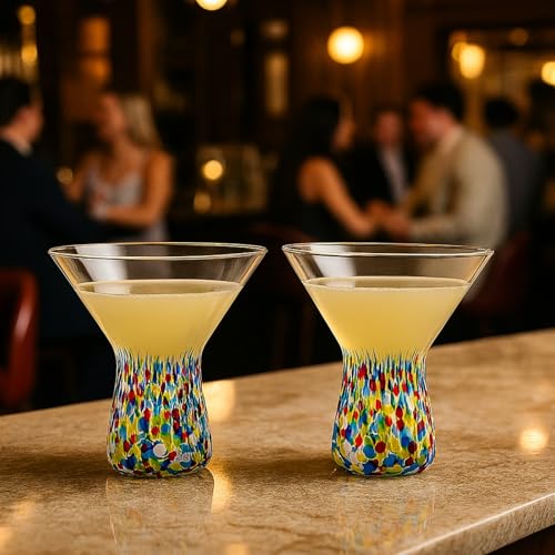 Large Stemless Martini Glasses – Set of 2-8oz Luxury Hand Blown Confetti Margarita, Martinis, Cocktails, Water, Wine, Dessert & Champagne Glasses Cinco de Mayo, Hand Blown - Mexican Confetti Glass Mexican Confetti Martini Glass