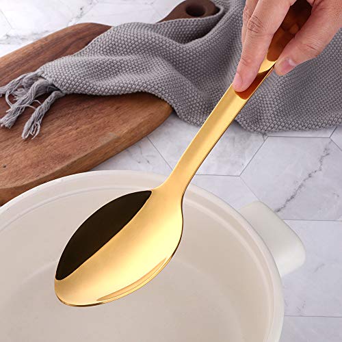 Stainless Steel Serving Spoons: Long Handle Flatware Set of 6 - Large Metal Kitchen Serving Tablespoons for Buffet Banquet 13-Inch Gold
