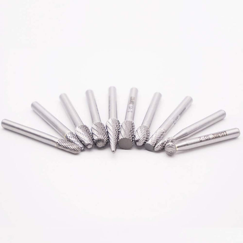 [Australia - AusPower] - Carbide Burrs Set 10pcs, Double Cut Solid Carbide Rotary Burr Set 1/4" Shank for Die Grinder Drill,Metal Carving, Polishing,Engraving,Drilling by LU&MN 10PCS-SET 