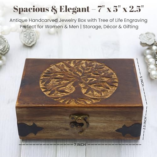 Handmade Wooden Jewelry Box with Tree of Life Engraving – Antique Handcarved Keepsake Organizer for Women & Men | Solid Wood Storage Box for Jewelry, Trinkets, Gifts & Home Décor 7" x 5" x 2.5" Tree - 2