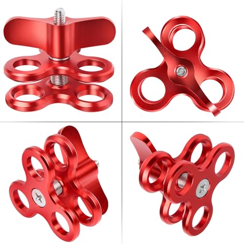 3-Hole 1" Aluminum Underwater Camera Clamp Ball Mount (2-Pack) - Underwater Bracket for Diving Light Arms & Camera Trays, Saltwater-Resistant Adapter for Scuba Photography/Videography Gear Triple Holes Red