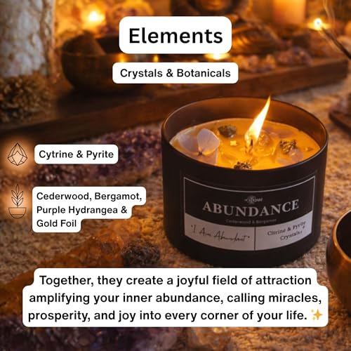 Abundance Crystal Candle – Citrine & Pyrite Crystals for Wealth & Success. Infused Cedarwood & Bergamot Scented Manifestation Candle with Gold Leaf & Hydrangea. Spiritual Gifts for Women Abundance