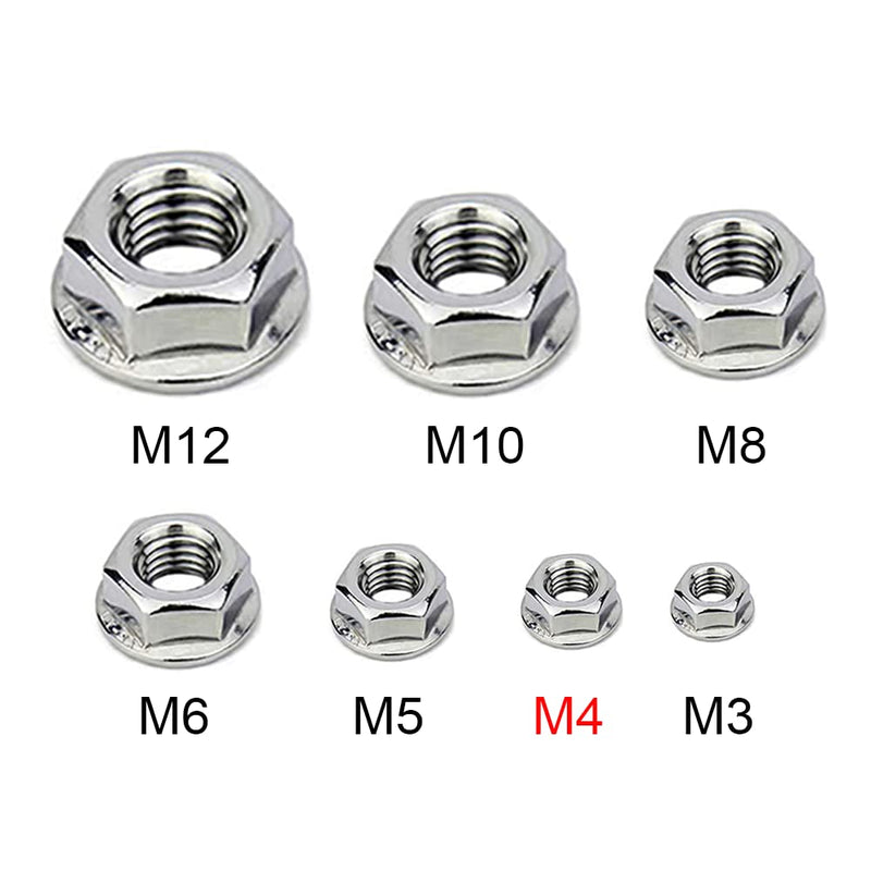 [Australia - AusPower] - M4x0.7mm DIN6923 Serrated Flange Nuts 100 Pack 304 Stainless Steel Hex Lock Nuts Full Thread for Industrial Construction Fasteners M4x0.7mm, 100 pcs 