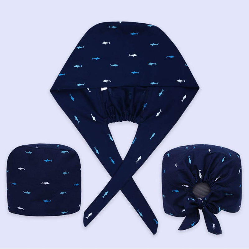 TENDYCOCO Printed Surgical Cap Made of Breathable Cotton Blend with Sweat Absorption and Shark Pattern for Doctors and Nurses Adjustable Surgical Cap for Hairdressers