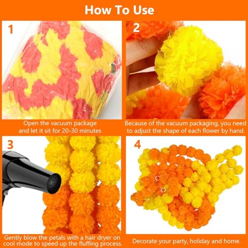 Marigold Garland for Decoration 5 Pcs of 5 feet Long Strands Artificial Marigold Flowers, Indian Décor for Pooja, Wedding Christmas, Events Diwali Decorations