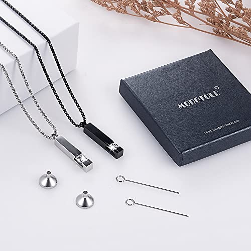 MOROTOLE 2 Pcs Urn Necklaces for Ashes Memorial Cremation Urn Necklace Stainless Steel Black Silver Tone Bar Pendant Necklace Ashes Keepsake Jewelry with Cubic Zirconia 2 Psc/set,Style A ,Black and Silver Pendant