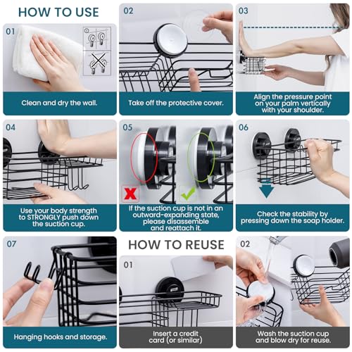 TAILI Shower Caddy Suction Cup 2 Pack with Hooks & Soap holder, Black 2 X Black