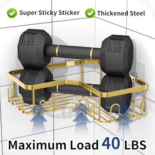 Menbyci 3 Pack Corner Shower Caddy, Adhesive Bathroom Shelves with 18 Hooks, Drill-Free & Quick-Dry Shower Organizer with Large Capacity, Rustproof Stainless Steel Bathroom Corner Storage Rack, Gold 3 packs