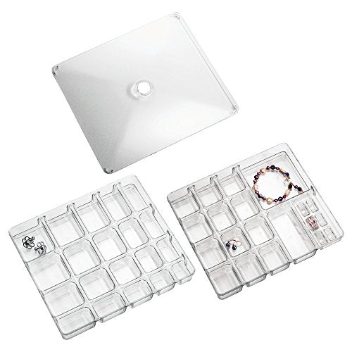 iDesign Linus Plastic BPA-Free Fashion Jewelry Vanity and Drawer Organizer, Tray for Rings, Earrings, Bracelets, Necklaces, 8.75" x 7.75" x 2.75", Set of 3, Clear 2 Piece