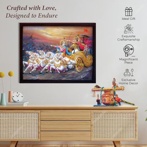 SANVIKA Krishna Wall Decor - Hindu God Photos With Frames, Lord Krishna & Arjuna in Mahabharata Scene, 9" x 12" COL-1