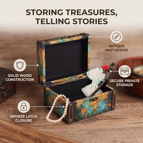 Pssopp vintage wooden jewelry box with world map pattern, rectangular storage case for jewelry and accessories.
