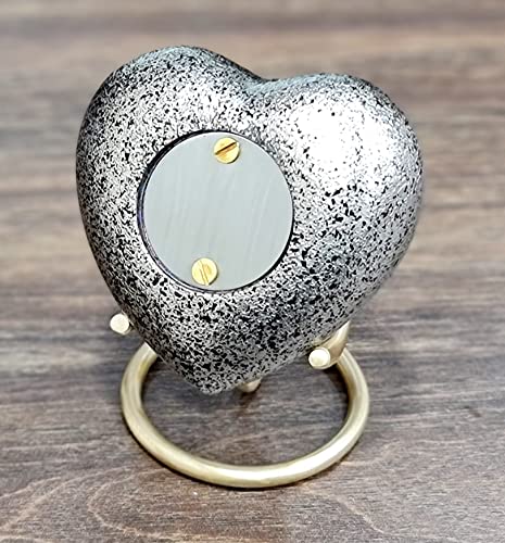 eSplanade Brass Mini Cremation Urn Heart-Shaped Keepsake Memorial Jar Pot Container | Small Urn for Funeral Ashes Burial | Textured Metal Keepsake with Stand | Silver - 2.75" Inches