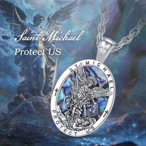EUDORA St Saint Michael Necklace Medal for Women Men Silver-Plated Copper with Abalone Shell, Archangel St Michael Pendant for Protection Medalla de San Miguel Arcangel Jewelry Gift for Men Women, 22