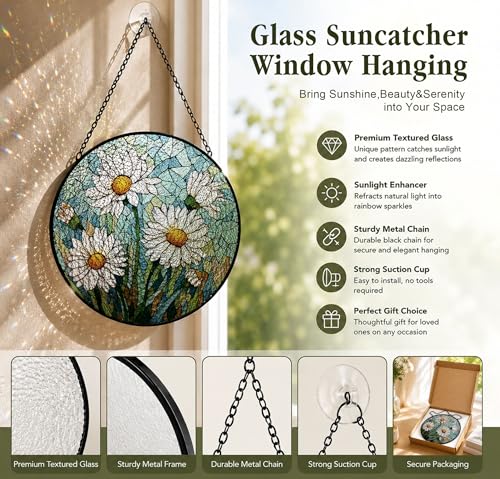 White Daisy Farmhouse Stained Glass Suncatcher Window Hanging Color02