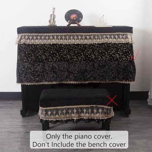 Luxury Velvet Piano Cover for Upright Pianos, Black with Gold Stars and Lace Trim, Quilted Top