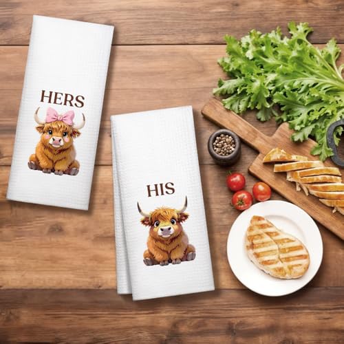 WUUCK00 2pcs Highland Cow Funny Kitchen Towel, Cute Cow Dish Tea Hand Kitchen Towel for Animal Lover Wife Husband, Christmas Housewarming Gifts for Neighbor, Country Farmhouse Home Decor for Family White5
