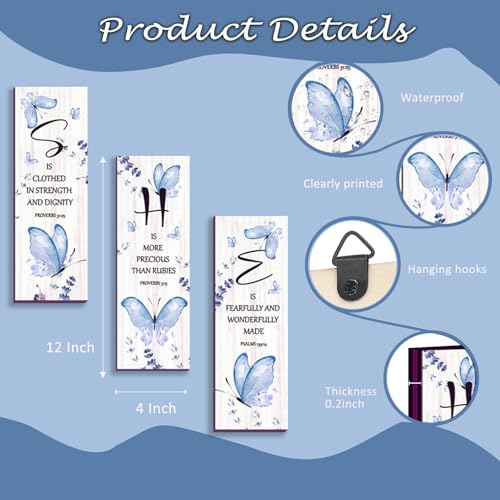 DONFENTHY 3 Pcs Butterfly Wall Decor Blue Room Decor Butterfly Wall Art Wooden Hanging with Religious Bible Word Sign for Women Room Bathroom Bedroom Office Decoration(Blue, 12x4 Inch)