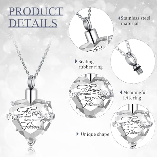 Huquary 16 Pcs Urn Necklace for Ashes Waterproof Stainless Steel Carved Ashes Locket with 8 Filling Kit Heart Cylinder Cross Cubic Fish Hook Jewelry for Ashes with Wing Diamond for Men Women White
