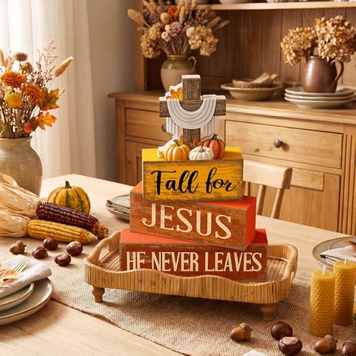 Lineshading 4 Pcs Fall Decoration For Home Fall Religious Wooden Signs Fall for Jesus, He Never Leaves