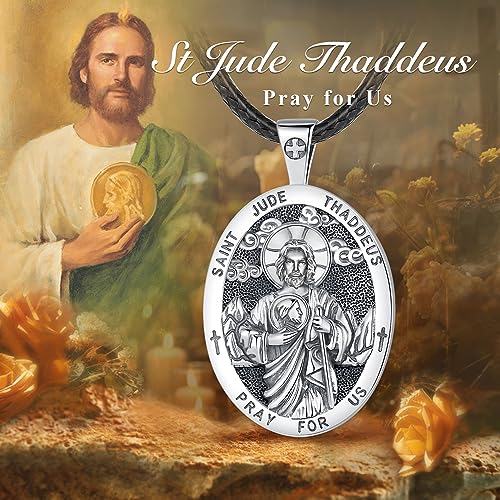 925 Sterling Silver San Judas Tadeo Medal Necklace for Women Men, Vintage Saint Jude Thaddeus Amulet Pendant Christian Catholic Jewelry Religious Gifts, 24"+20"