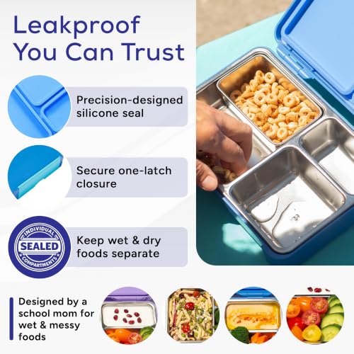 Stainless Steel Bento Lunch box Leakproof for kids boys girls, Food-Grade Silicone Seal, Deep Compartments, Removable 304 Stainless Steel Tray and Insert, Dishwasher Safe, 950ml Blue