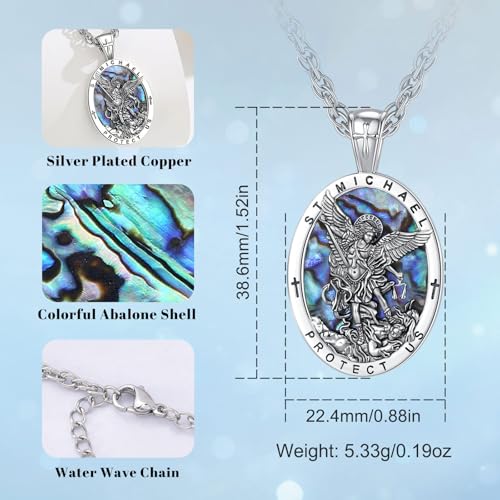 EUDORA St Saint Michael Necklace Medal for Women Men Silver-Plated Copper with Abalone Shell, Archangel St Michael Pendant for Protection Medalla de San Miguel Arcangel Jewelry Gift for Men Women, 22