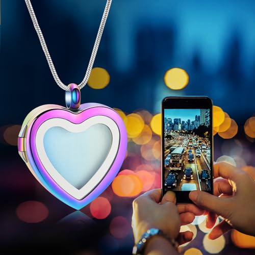 Cremation Jewelry Necklace for Ashes Heart Shaped Memorial Picture Lockets for Ashes Stainless Steel Keepsake Urn Ashes Pendants That Holds Pictures Photo Rainbow