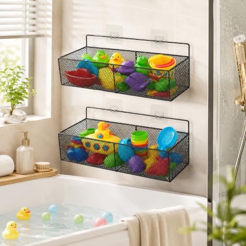 2 Pack Bath Toy Storage Basket, Wall Mounted Metal Mesh Bathtub Organizer with Drainage, Rust Resistant Space Saving Shower Holder for Kids Toys and Bathroom Toiletries