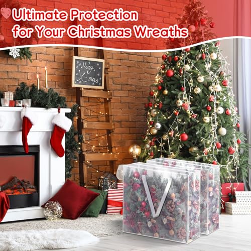 4PCS Christmas Wreath Storage Container, 25" Large Moving Bags Garland Container Clear Storage Bags with Handles Zippers Clear Christmas Storage Bags for Xmas Seasonal Holiday Wreath Storage Wrapping 4pcs clear