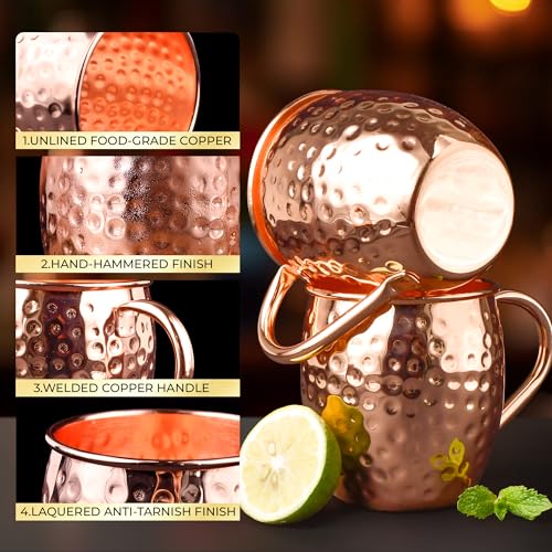 Moscow Mule Mugs, 4pcs Set of 16oz Copper Cups, Handcrafted Traditional Design, Gift Set with Straws, Spoon, Cleaning Brush & Shot Glass, Insulated, Reusable
