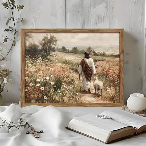 Framed Jesus And Lamb Wall Art Christian Pictures Wall Decor 8x10 Inch shepherd Framed 10"L x 8"W