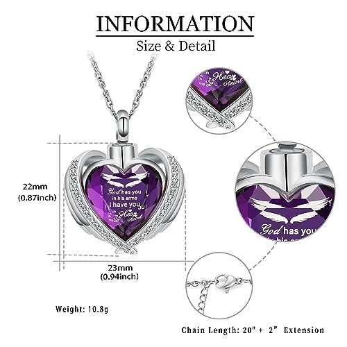 shajwo Cremation Heart Urn Necklace Ashes Jewelry for Women Men Keepsake Pendant Memorial Locket Ash Holder Wing-G Purple