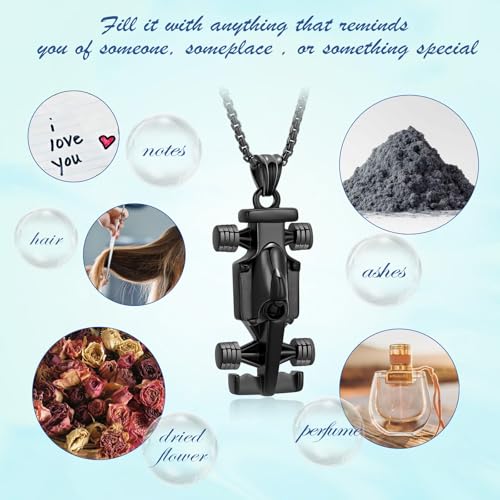 Race Car Urn Necklace for Ashes for Men Adults Stainless Steel Motor Racing Car Cremation Jewelry Urn Pendant Ashes Holder Keepsake Memorial Urn Locket Black