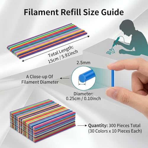 300Pieces Low Temperature PCL 2.5mm 3D Pen Filament Refills 30 Colours (10 per Colour, 15cm Each) Compatible with 3Doodler Start 3D Printing Pen and 3D Doodle Pen for Children