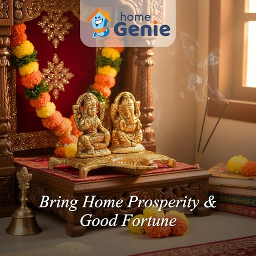 HOME GENIE Lakshmi Ganesh Diya for Pooja Room, Home Temple, Festive Decoration & Spiritual Gifting | Metal Oil Lamp with Deity Figures | Intricately Carved | Golden Finish