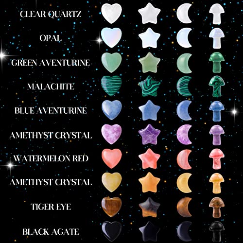 40 PCs Crystal Heart Moon Star Mushroom Shaped Natural Healing Worry Stones Bulk Polished Love Gemstones Handmade Pocket Set Bulk Balancing Meditation Mother's Day Christmas Gift 40pcs